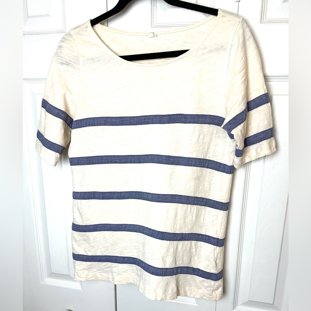 J.CREW ChambrayStriped Textured Slub Tee T-Shirt Top Blouse Ivory Blue Boat Neck